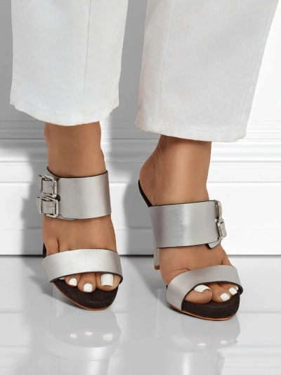 Aletheia Silver Stiletto Sandals 12cm Eco-Leather Buckle Straps
