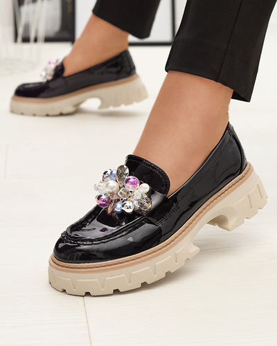 Черные лакированные женские мокасины с орнаментом Leliab- Footwear