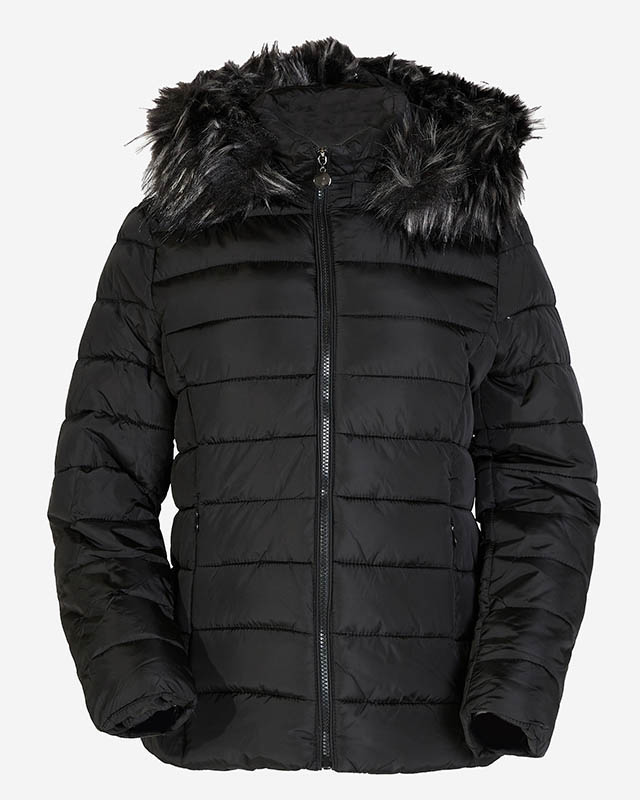 Juoda moteriška dygsniuota striukė su gobtuvu ir kailiu- Apranga