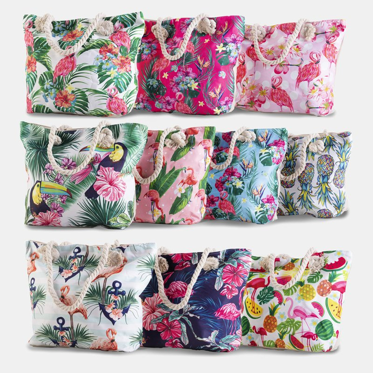 Įvairiaspalvis paplūdimio krepšys su flamingo - Rankinės