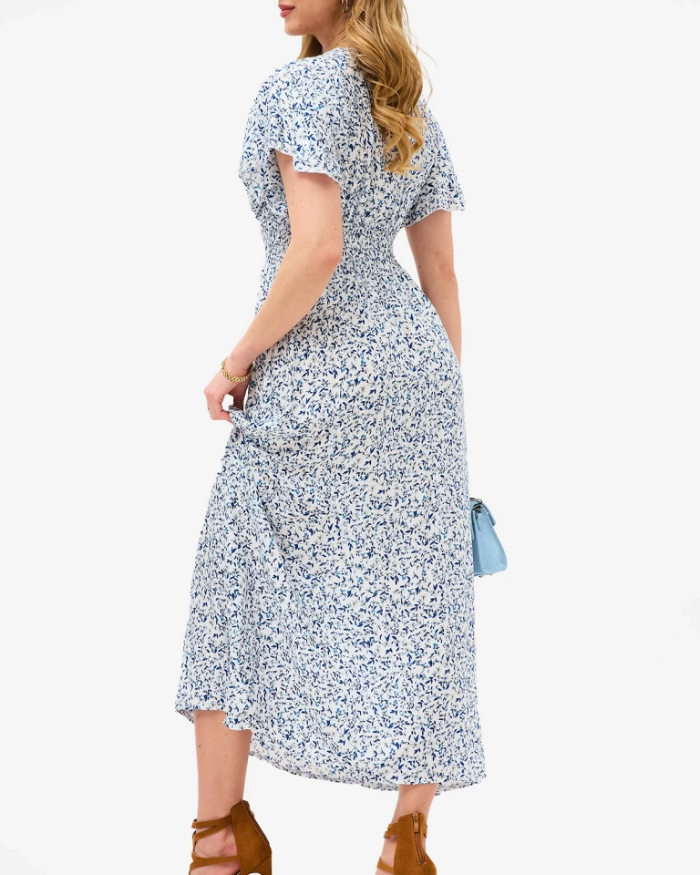 Белое женское цветочное платье с вырезом-конвертом - Одежда