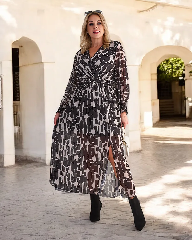 Royalfashion Juodai smėlio spalvos raštuota moteriška maksi suknelė