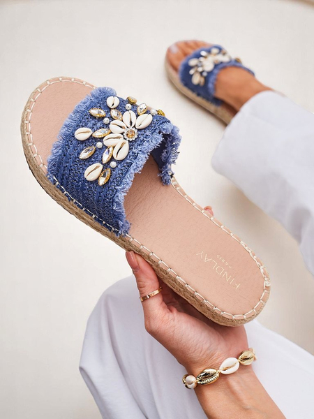 Royalfashion Calista Summer Flippies – Light Blue with Shells on a Flat Sole