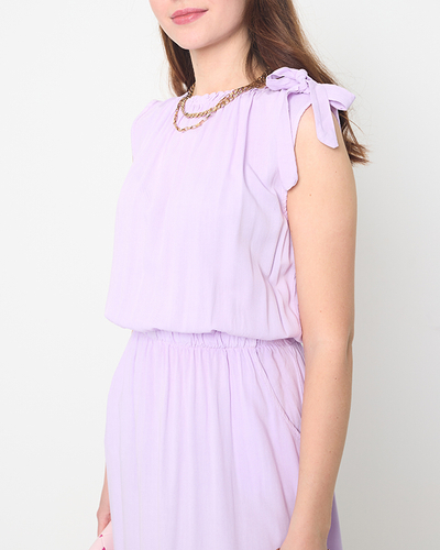 Moteriška violetinė suknelė ant pečių su kišenėmis - Drabužiai