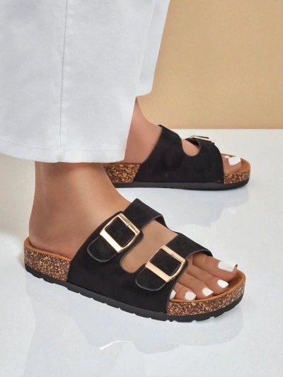 Damskie klapki Letitia czarne, zamszowe, płaski obcas, włoski design