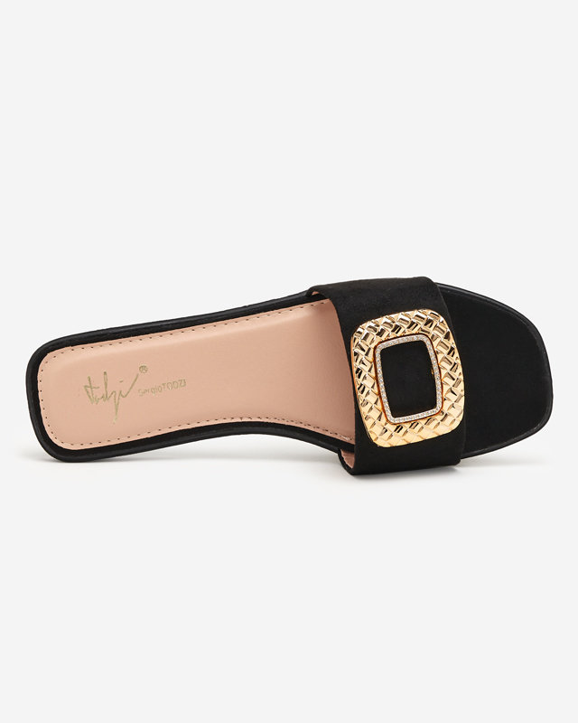 OUTLET Juodos eko zomšos moteriškos šlepetės su auksine sagtimi Lozi. Avalynė