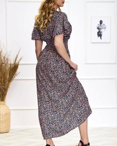 Moteriška tamsiai mėlyna ilga suknelė su gėlių raštu - Apranga