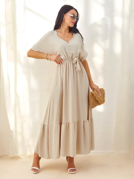 Royalfashion Moteriška midi suknelė trumpomis rankovėmis ir dekoratyviniais mygtukais