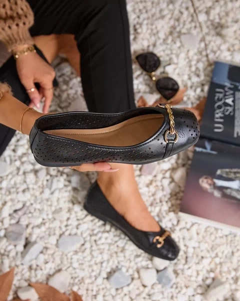 Juodi moteriški ažūriniai balerinai su aukso ornamentu Serilla- Avalynė