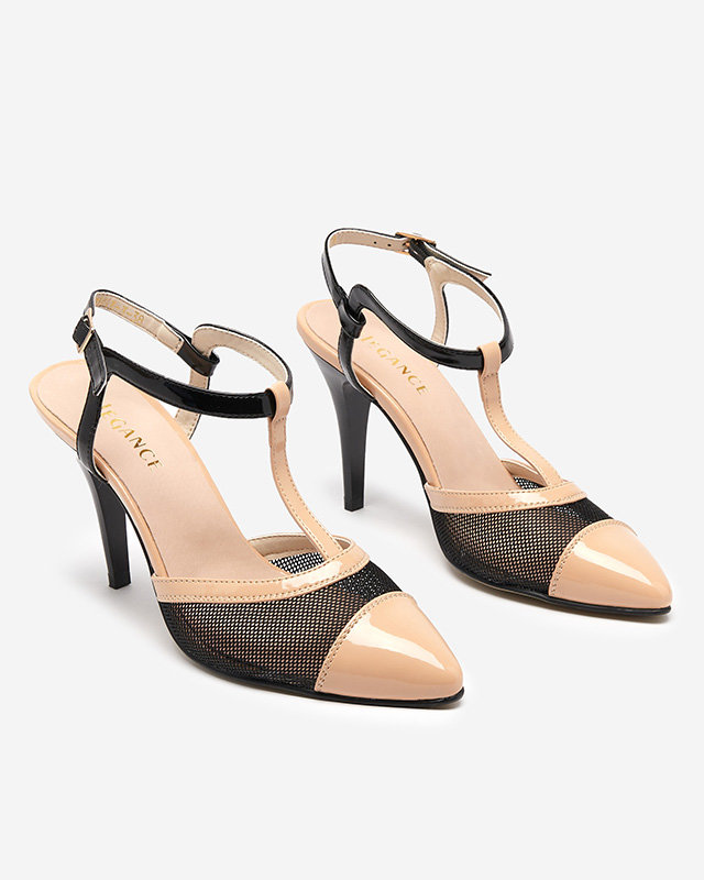 Smėlio ir juodos spalvos moteriškos basutės ant aukštakulnio pridengtais pirštais Niddl- Avalynė