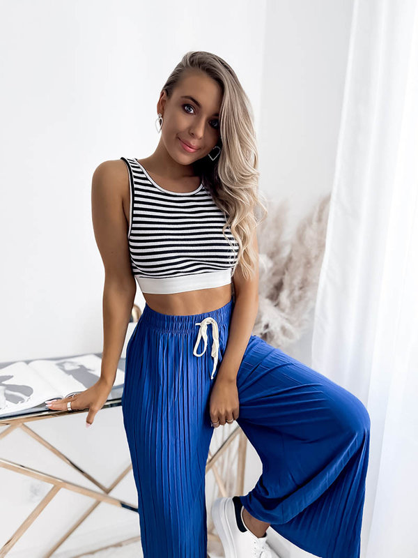 Navy blue moteriškos plačios klostuotos palazzo kelnės - Apranga