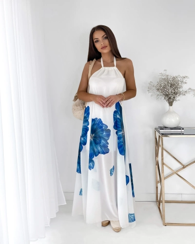 Белое женское платье-миди с голубыми цветами - Одежда