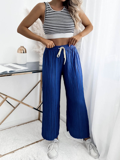 Navy blue moteriškos plačios klostuotos palazzo kelnės - Apranga