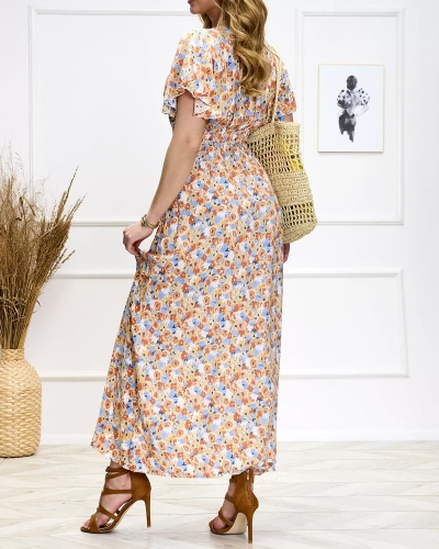 Оранжево-голубое женское платье-миди с цветочным узором - Туфли