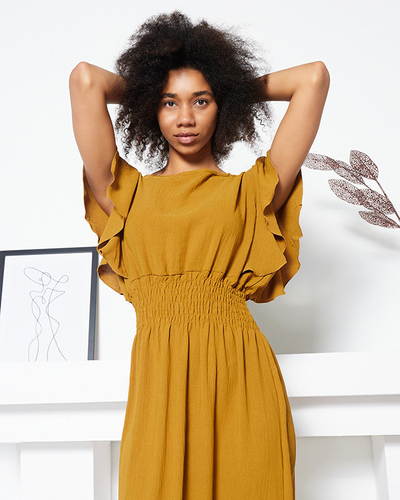 Garstyčių spalvos midi suknelė elastingu juosmeniu - Drabužiai