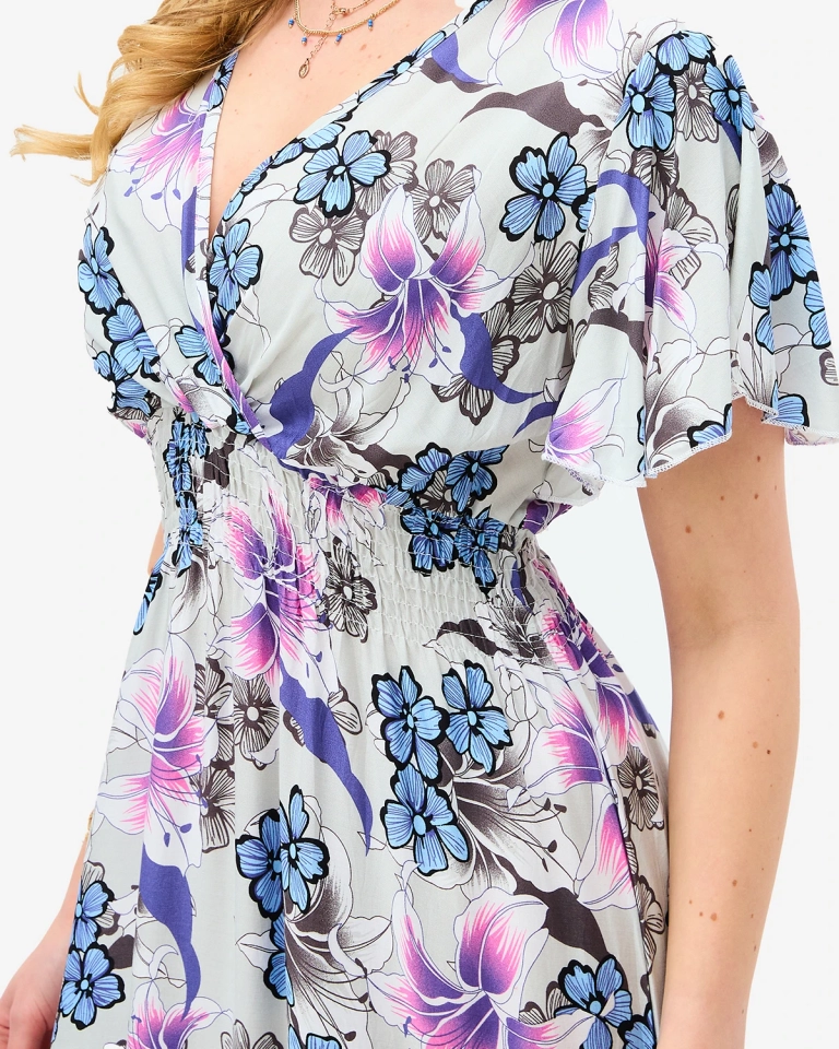 Moteriška šviesiai pilka midi suknelė su gėlių raštu - Apranga