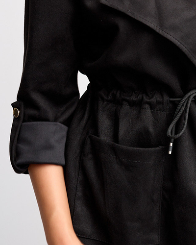 Moteriška ekologiška zomšinė juodos spalvos striukė su kaklaraiščiu ties juosmeniu - Drabužiai