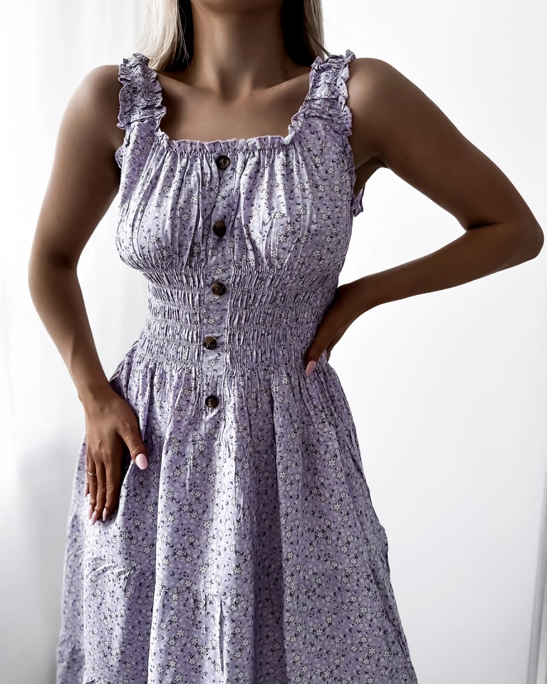 Violetinė moteriška suknelė be petnešėlių su spalvingomis gėlėmis - Apranga