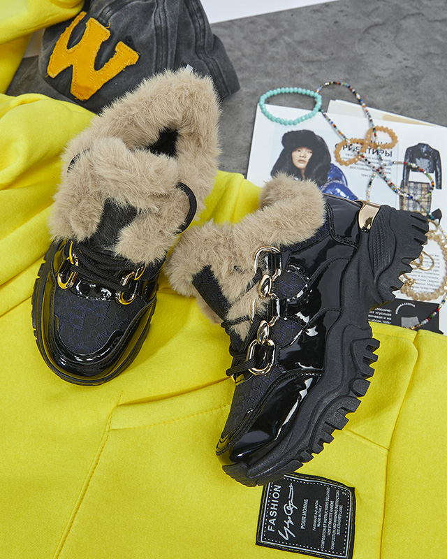 Спортивные лакированные черные женские кроссовки с мехом Axili- Footwear