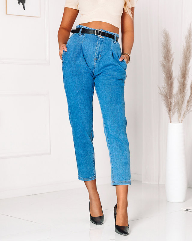 Mėlynos moteriškos džinsinės kelnės su popieriniu maišeliu - Apranga