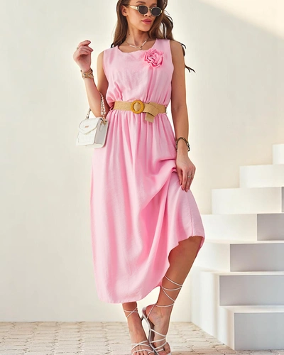 Royalfashion moterų midi suknelė su petnešomis, su apvaliu iškirpimu ir dekoratyvine gėle