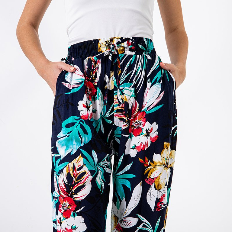 Tamsiai mėlynos spalvos raštuotos moteriškos kelnės - Drabužiai