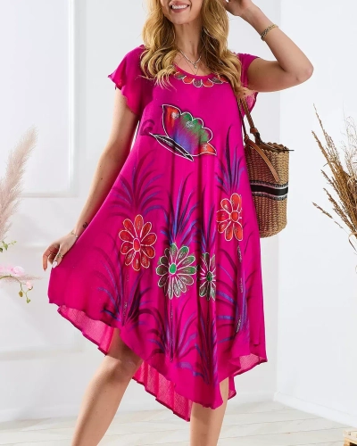 Fuksijos spalvos moteriška paplūdimio suknelės tipo lovatiesė su gėlių raštu - Apranga