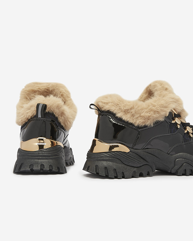 Спортивные лакированные черные женские кроссовки с мехом Axili- Footwear