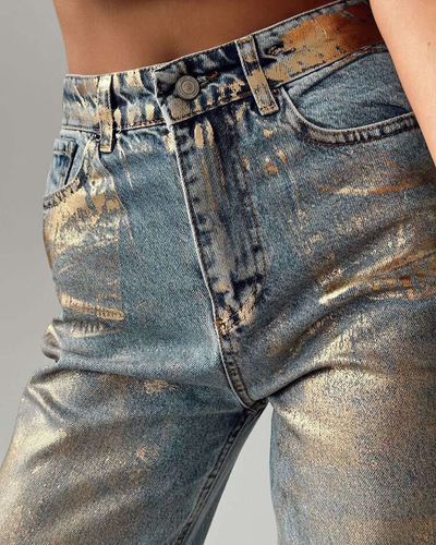 Royalfashion Moteriški platūs džinsai su auksiniais blizgučiais