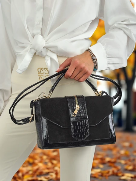 Torebka damska Cassia Nero klasyczna czarna ekoskrra zamszowa stylowa