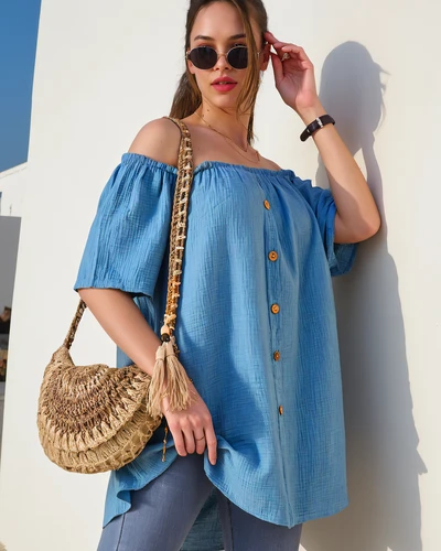 Royalfashion moteriška medvilninė bliuska ispanišku stiliumi su dekoratyviniais mygtukais