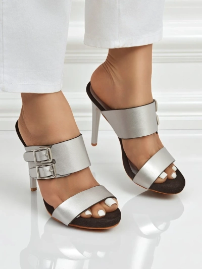 Aletheia Silver Stiletto Sandals 12cm Eco-Leather Buckle Straps