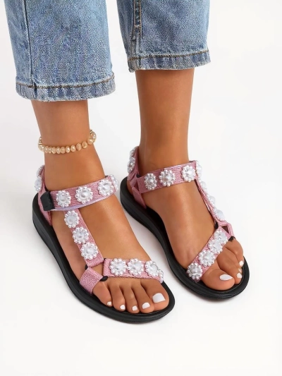 Сандалии Letitia Royalfashion розовые на платформе - жемчужные джеты классические