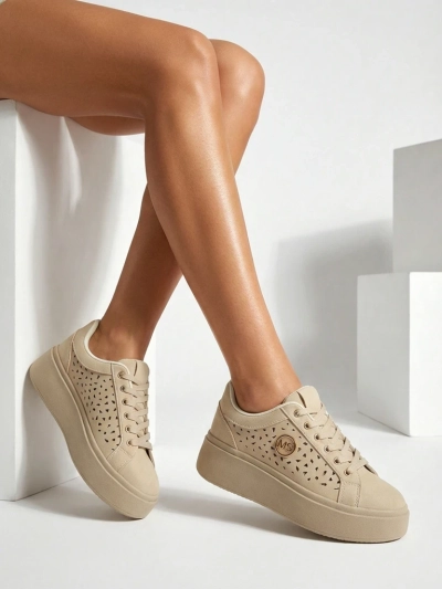 Cleo Ecru Platino – beżowe sneakersy na platformie Royalfashion skóra eko