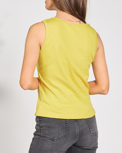 Geltonas moteriškas viršutinis trikotažas su užrašu ir kubiniu cirkoniu - Drabužiai