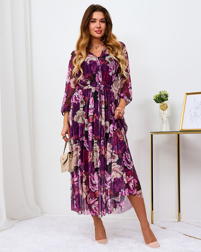 Royalfashion Фиолетовое сетчатое цветочное макси-платье