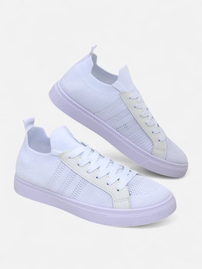 Aurelio White Fabric and Faux Leather Sneakers with Flat 2.5 cm Platform