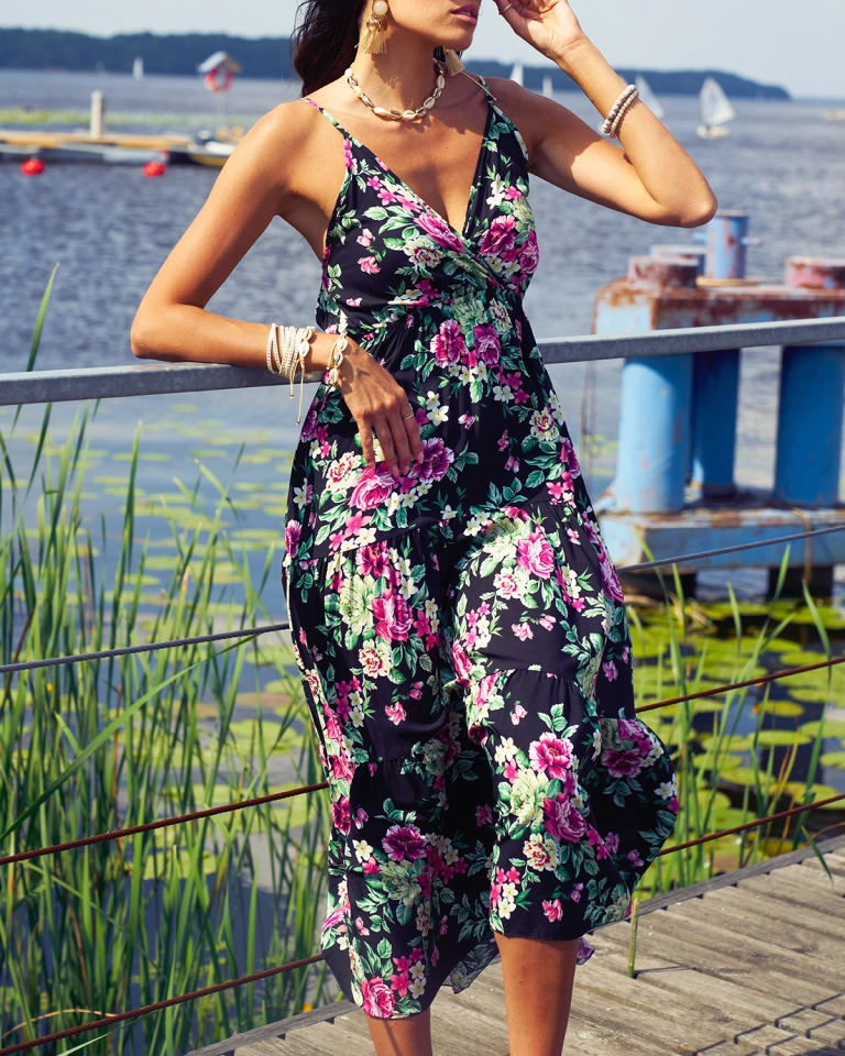 Royalfashion Черное длинное женское цветочное платье