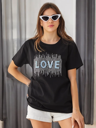 Женская хлопковая футболка Royalfashion LOVE с ринestones