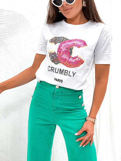 "Royalfashion" Moteriški marškinėliai su spauda ir cirkonais