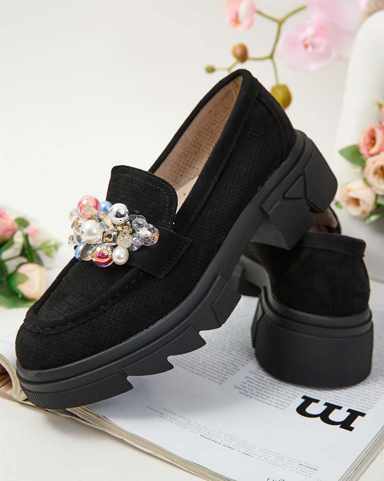 Royalfashion Черные женские мокасины с разноцветными кристаллами Glam