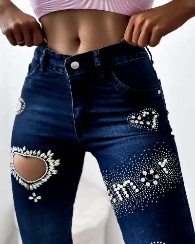 Tamsiai mėlyni moteriški 3/4 džinsiniai šortai su cirkonais - Apranga