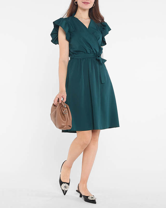 Tamsiai žalia moteriška mini suknelė su kaklaraiščiu - Drabužiai