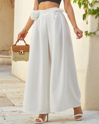 Royalfashion Элегантные широкие женские брюки с декоративным цветком на поясе