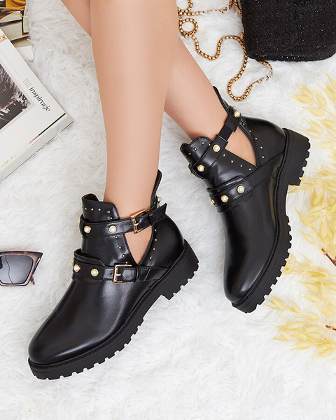 Royalfashion Черные женские украшенные сапоги на плоском каблуке Pearl Elegance