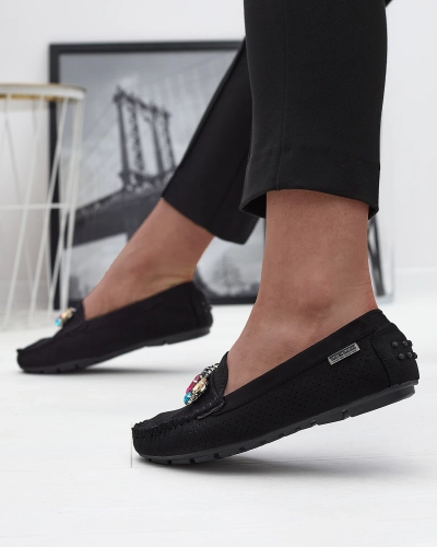 Черные женские ажурные мокасины с разноцветным декором Aqitic - Обувь