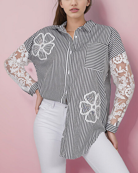 "Royalfashion" Moteriški dryžuoti marškiniai su nėriniais