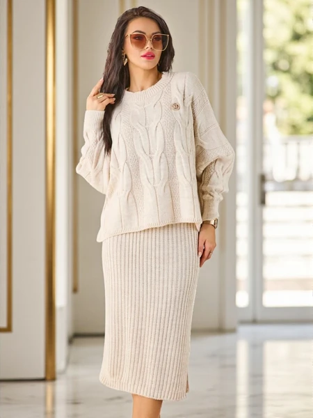 Royalfashion Акриловый оплетенный женский комплект с свитером и юбкой Warm&Fuzzy