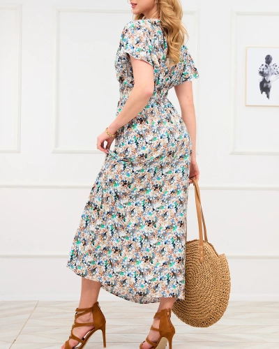 Сине-коричневое женское платье макси с цветочным узором - Одежда