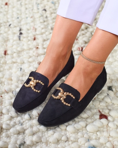 Royalfashion Черные женские мокасины из эко-кожи с украшением Bissefi